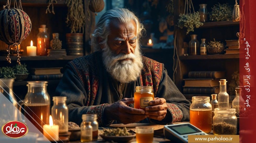 عسل کنار در کاسه چوبی همراه با برگ‌های درخت سدر، نماد خواص درمانی و طبع سرد در طب سنتی ایرانی | پرهلو