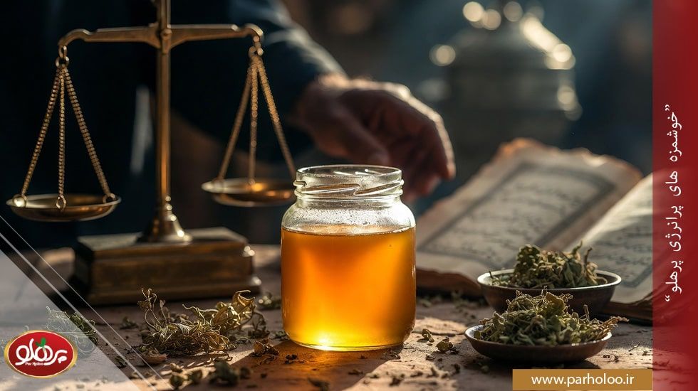 نمونه عسل کنار اصل در ظرف شیشه‌ای با رنگ قرمز کهربایی، نشان‌دهنده طبع سرد و خنک این عسل در طب سنتی ایرانی | پرهلو