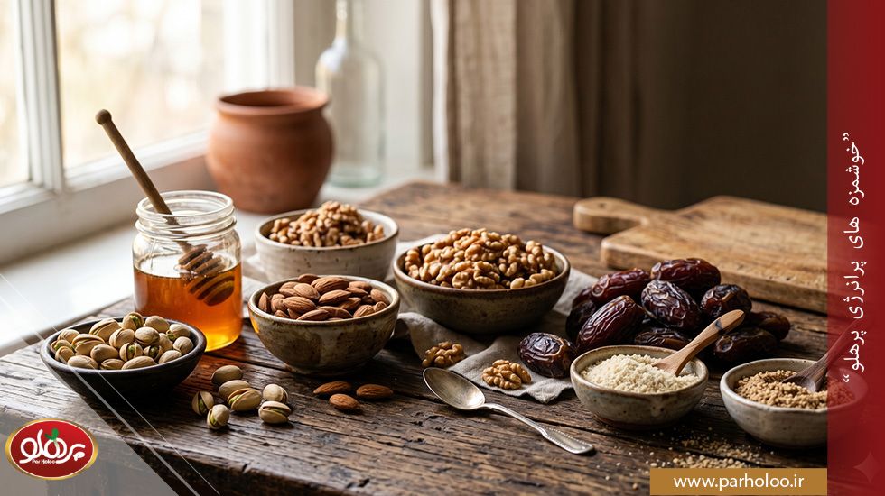 بهترین معجون برای تقویت اسپرم و باروری | ترکیبات طبیعی مؤثر بر کیفیت اسپرم | پرهلو معجونهای طبیعی برای تقویت اسپرم و باروری مردان | پسته، عسل و مغزها | پرهلو