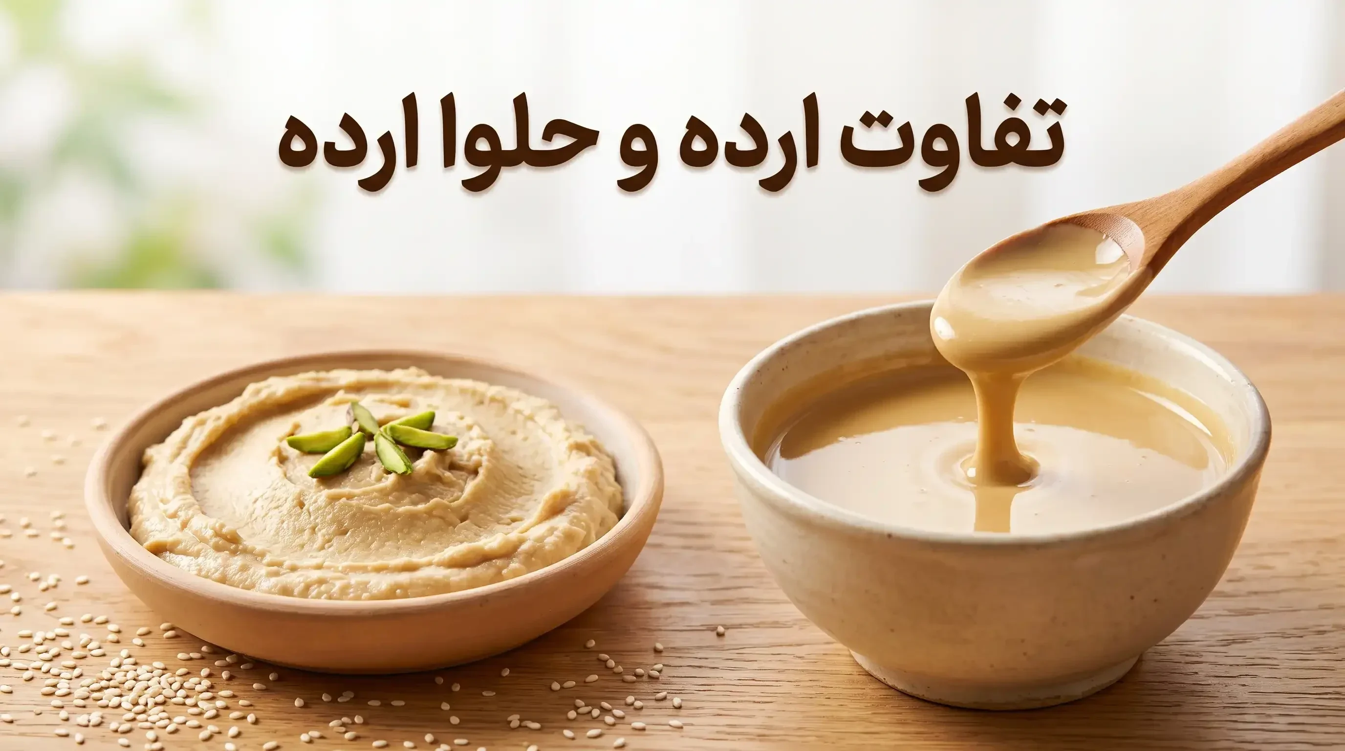 مقایسه ظاهری و تفاوت بافت ارده کنجد مایع و حلوا ارده سنتی در کنار هم