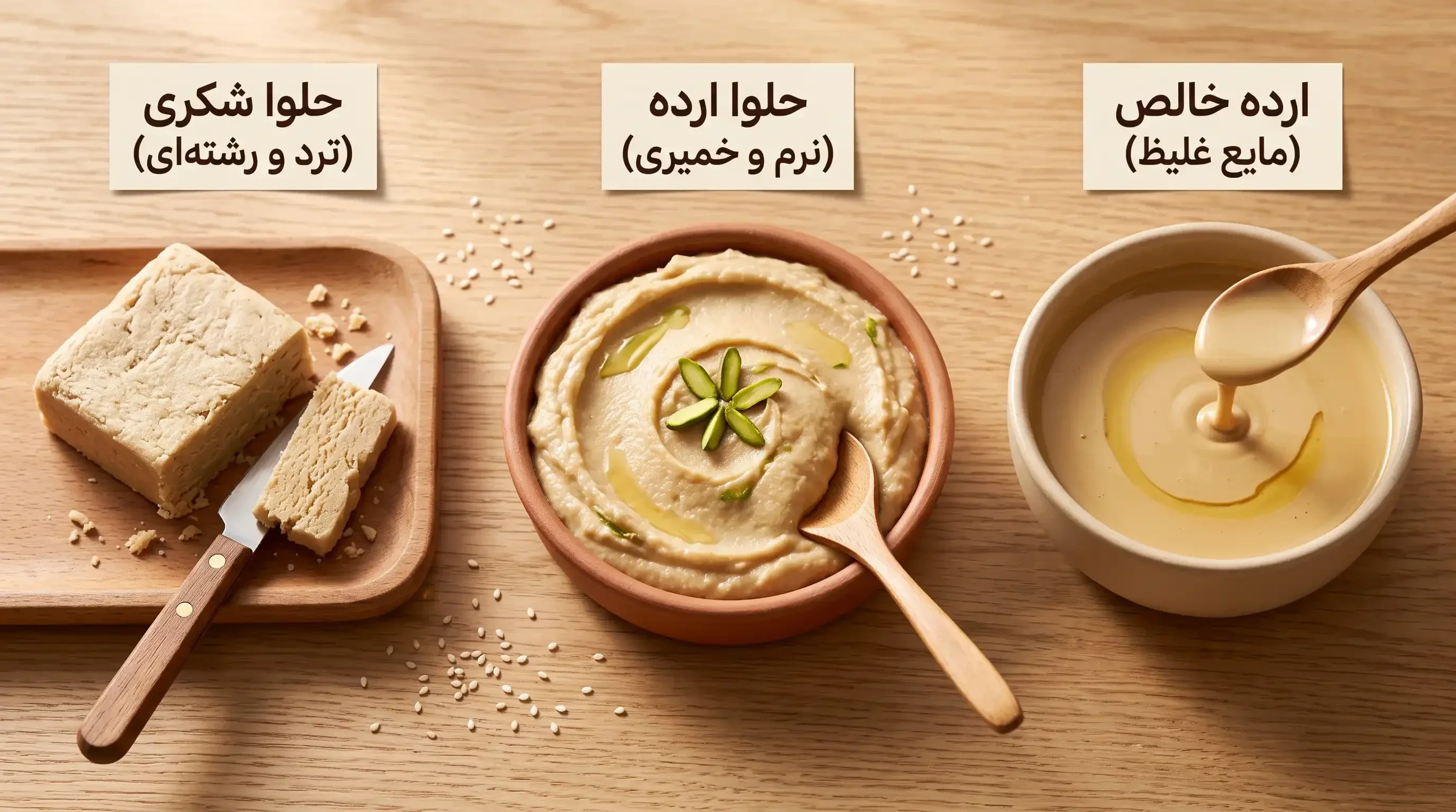 تفاوت بافت ارده خالص مایع، حلوا ارده نرم سنتی و حلوا شکری رشته‌ای