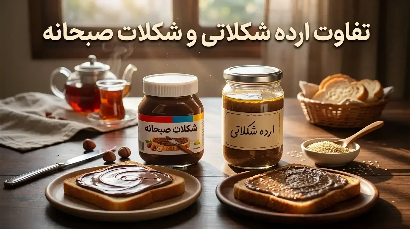 تست مقایسه ظاهری ارده شکلاتی طبیعی با شکلات صبحانه صنعتی روی میز صبحانه