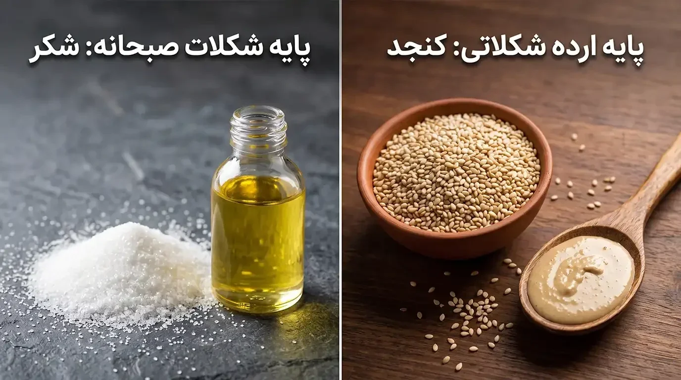 مقایسه مواد تشکیل‌دهنده اصلی شامل کنجد در ارده و شکر در شکلات صبحانه