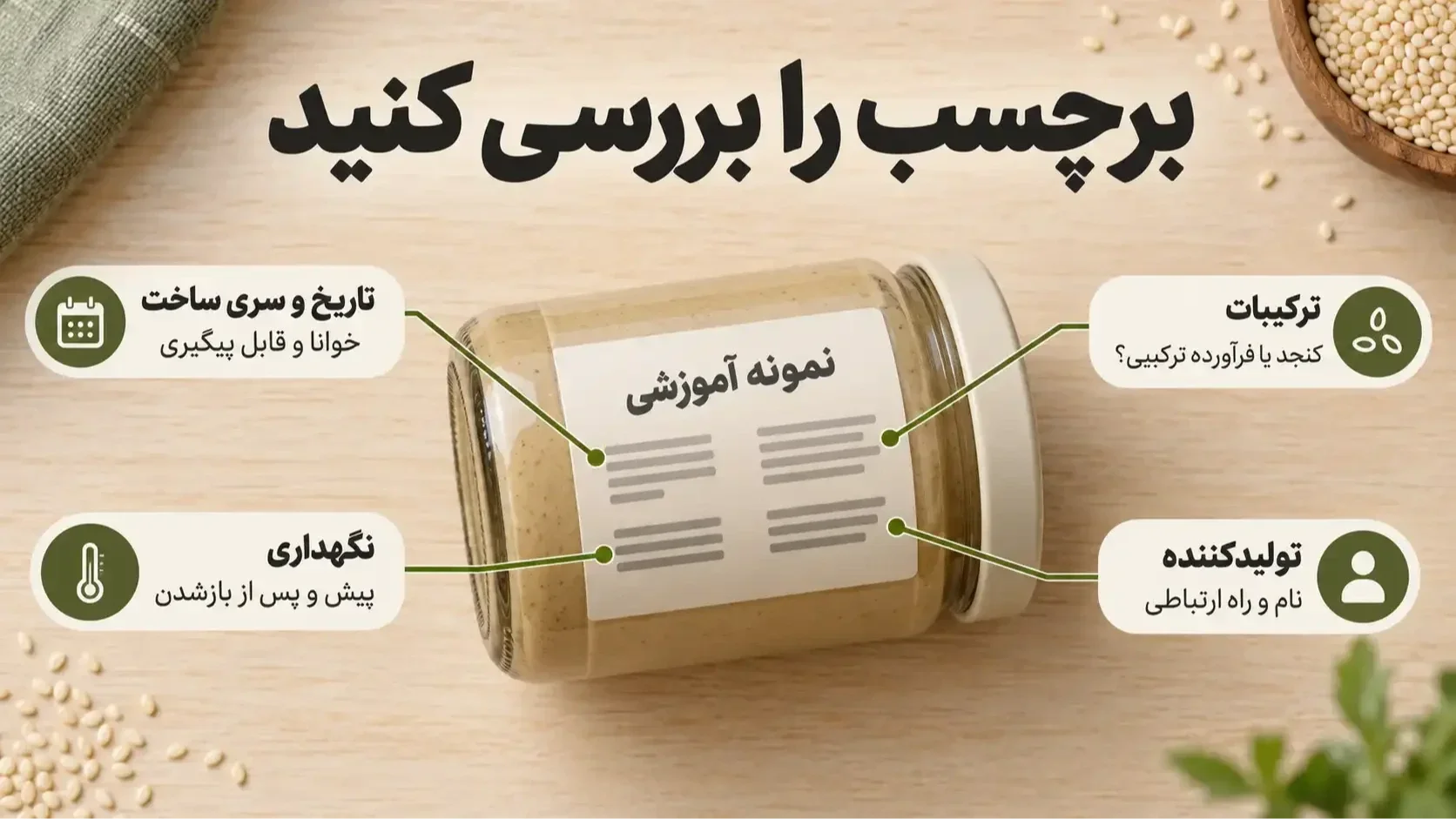 راهنمای بررسی ترکیبات، تولیدکننده، تاریخ و شرایط نگهداری روی برچسب نمونه ارده
