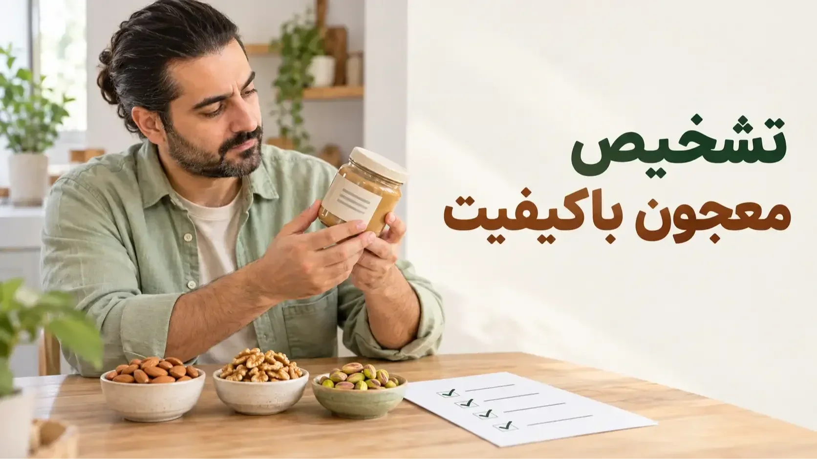 زن در حال بررسی برچسب ظرف برای تشخیص ویژگی‌های معجون باکیفیت