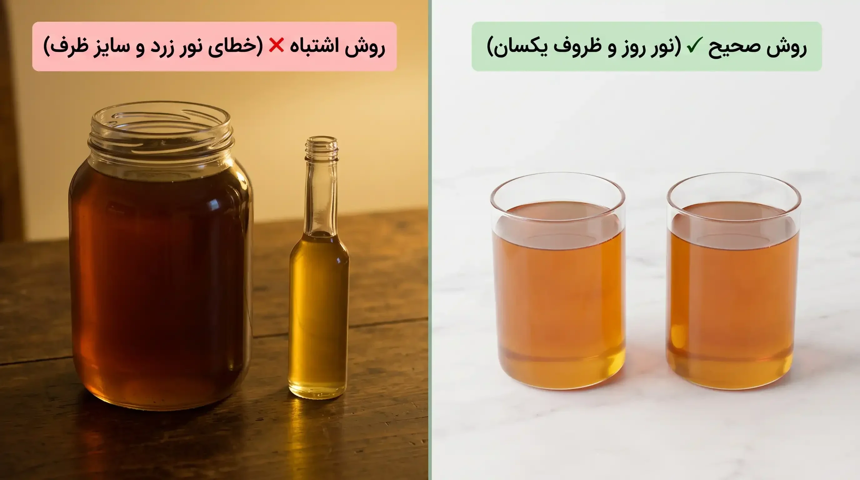 مقایسه روش صحیح و اشتباه در بررسی رنگ عسل با نمایش تاثیر نور و اندازه شیشه