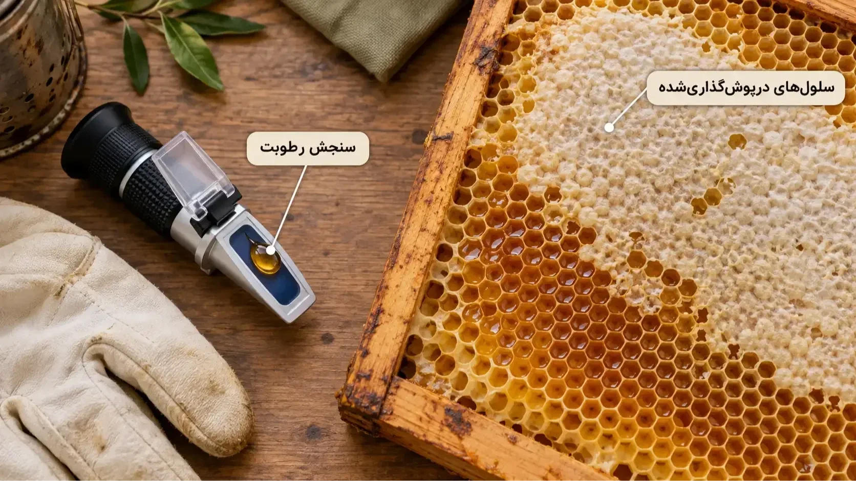 نمایش سلول‌های درپوش‌گذاری‌شده و سنجش رطوبت برای تعیین آمادگی برداشت عسل