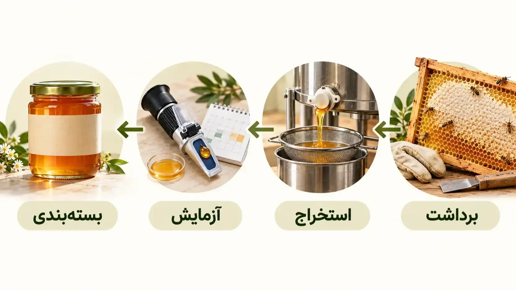 اینفوگرافیک مراحل برداشت، استخراج، آزمایش و بسته‌بندی عسل