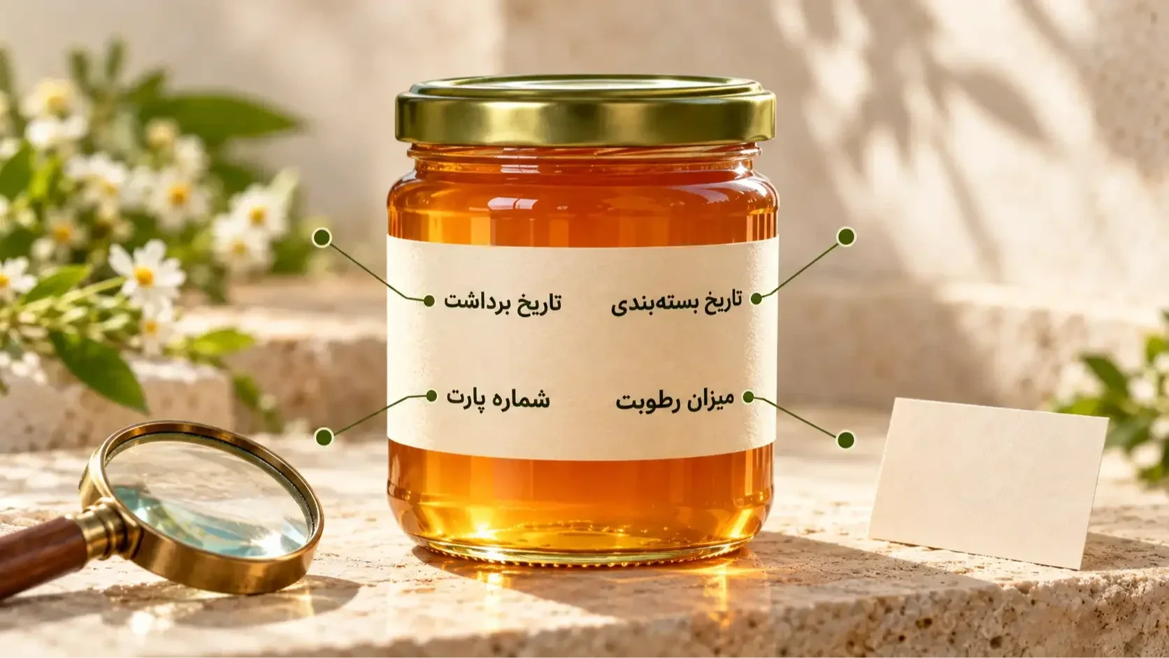 برچسب شیشه عسل با تاریخ برداشت، تاریخ بسته‌بندی، شماره پارت و میزان رطوبت