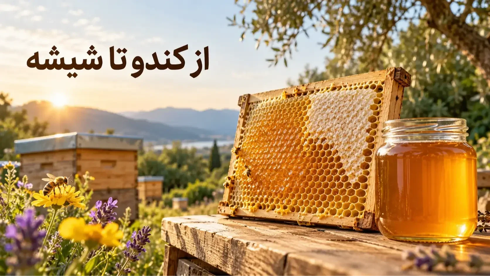 نمایی از مسیر عسل از کندو و قابهای مومی تا شیشه بستهبندیشده