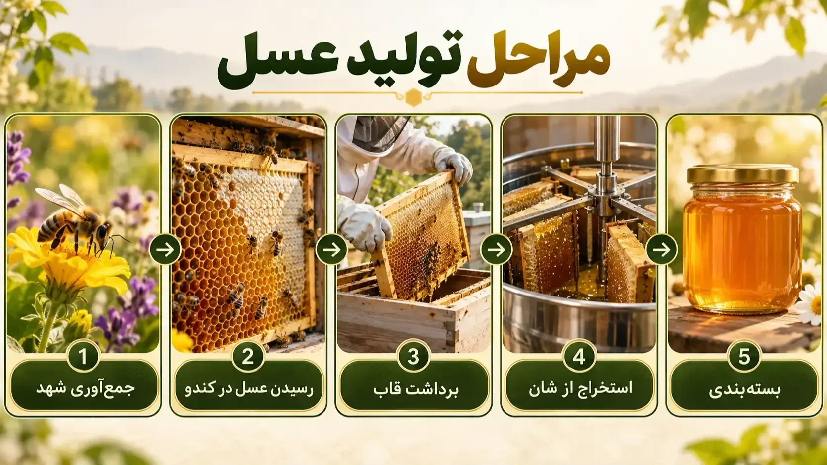 اینفوگرافیک پنج مرحله اصلی تولید عسل از جمعآوری شهد تا بستهبندی