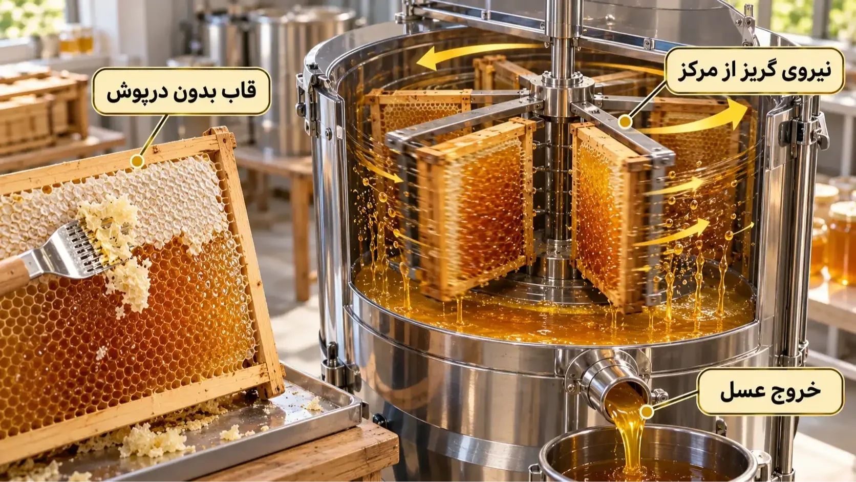 نمای آموزشی دستگاه اکستراکتور و خروج عسل از قابهای بدون درپوش