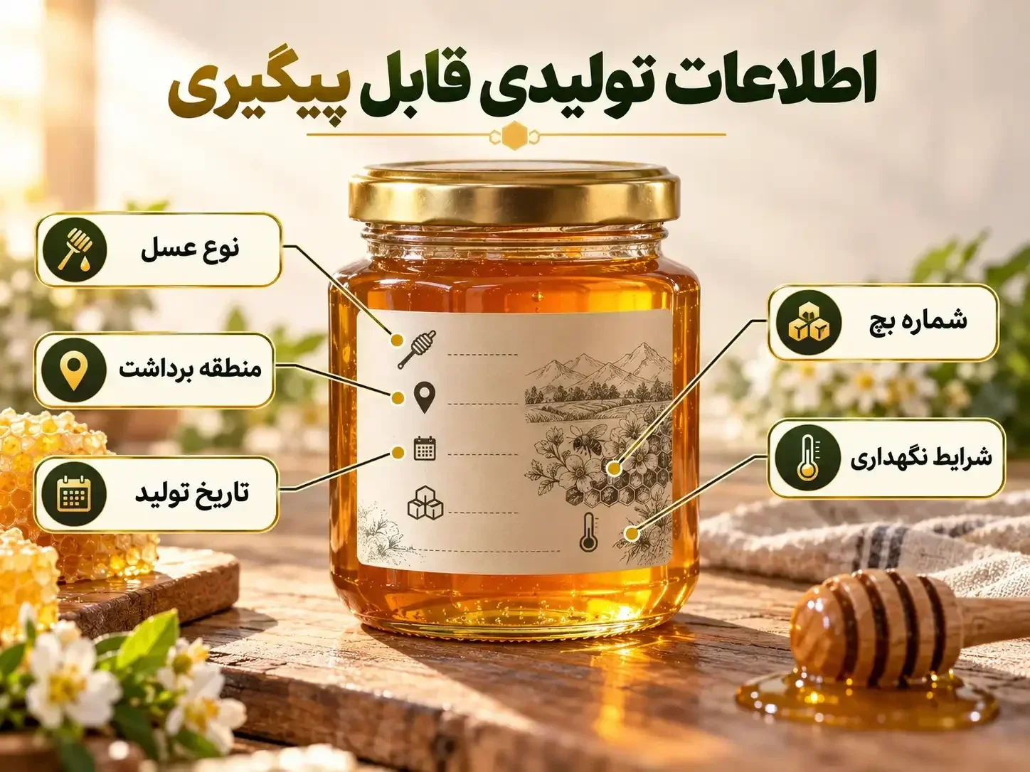برچسب شیشه عسل با اطلاعات نوع محصول، منطقه برداشت، تاریخ تولید و شماره بچ