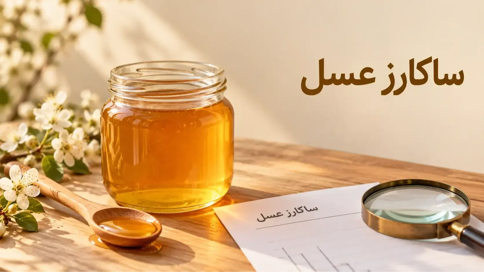 شیشه عسل در کنار برگه بررسی ساکارز عسل