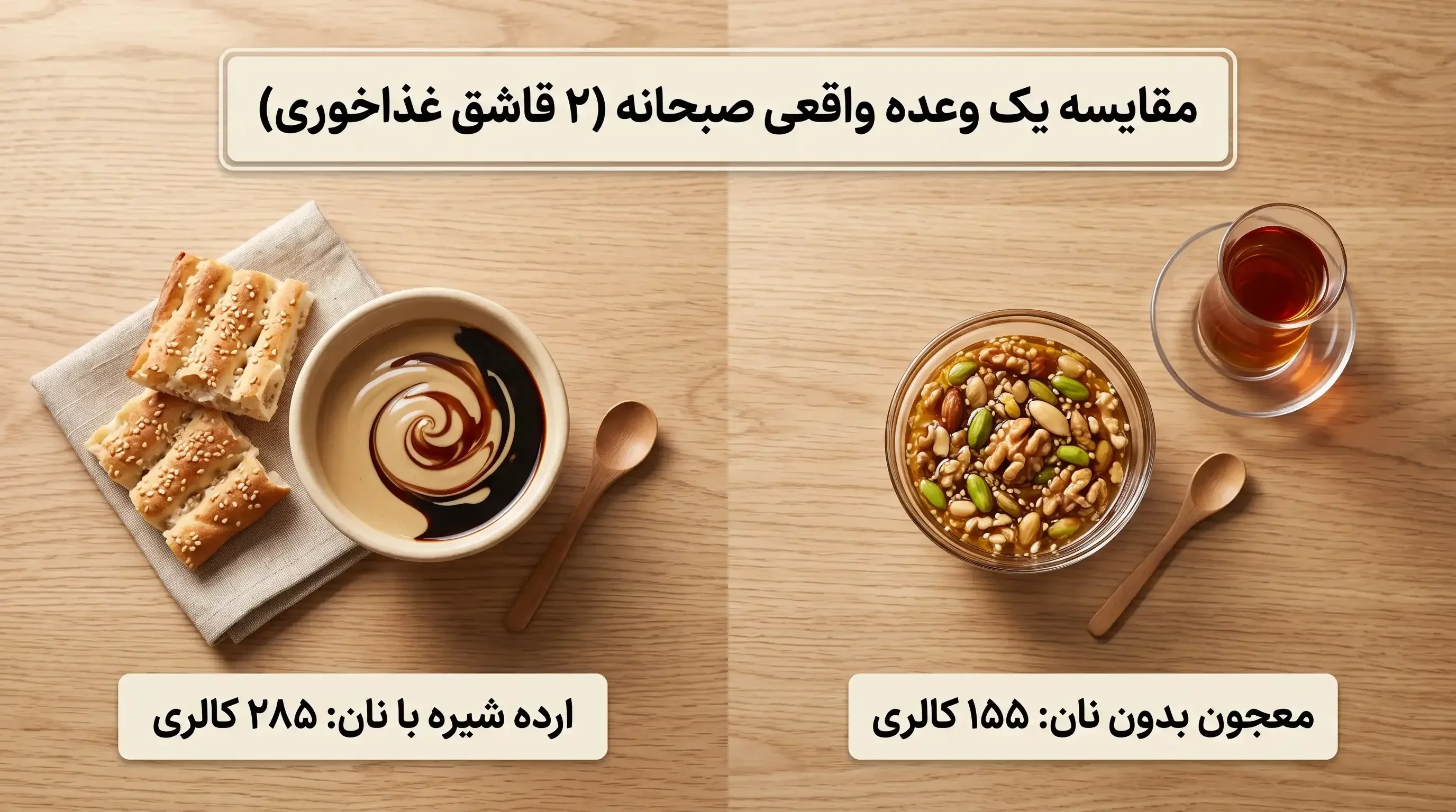 مقایسه کالری دو قاشق معجون مغزیجات بدون نان با یک وعده ارده شیره همراه با نان سنگک