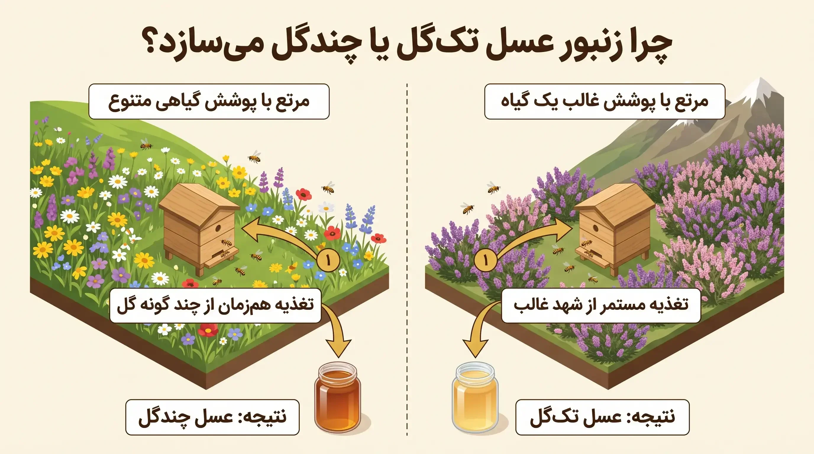 دیاگرام نحوه تولید عسل تک گل و عسل چندگل بر اساس پوشش گیاهی مرتع