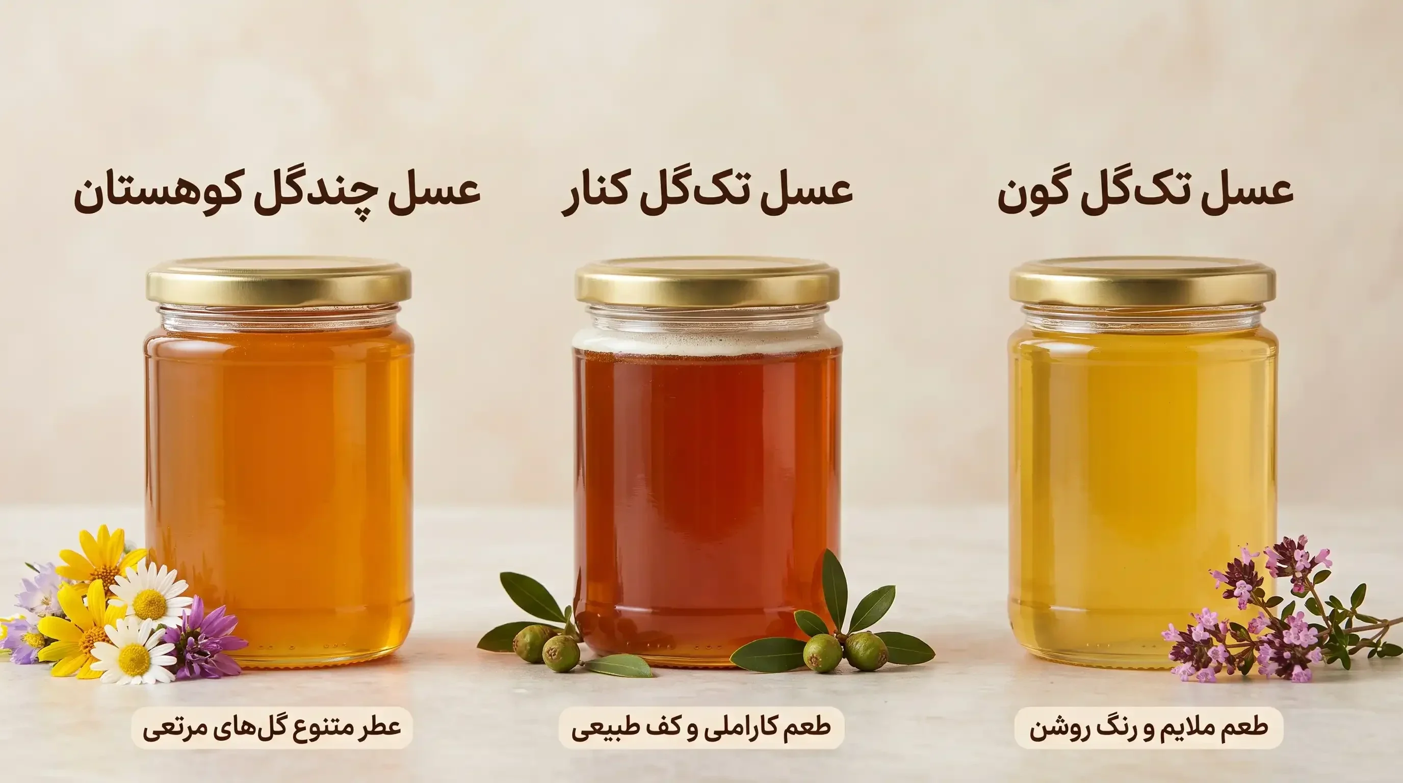 مقایسه ظاهری رنگ و بافت عسل گون، عسل کنار و عسل چندگل برای انتخاب و خرید