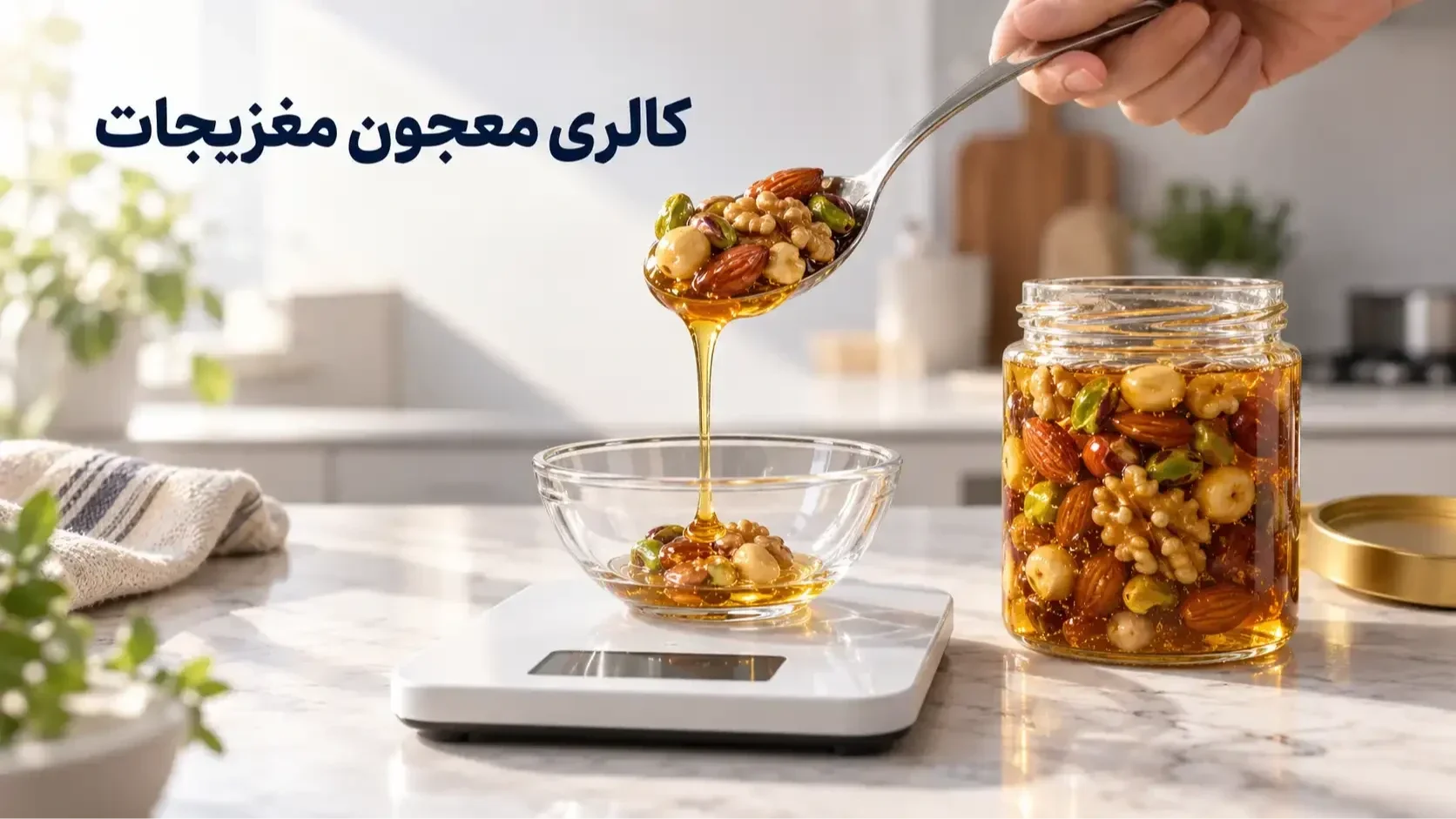 محاسبه کالری معجون مغزیجات و عسل با ترازوی دیجیتال آشپزخانه و قاشق غذاخوری