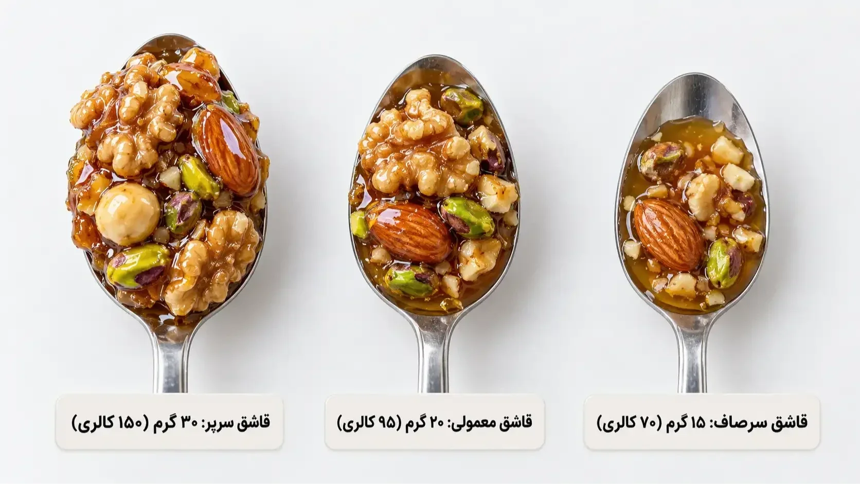 مقایسه کالری یک قاشق معجون مغزیجات در سه حالت سرصاف ۱۵ گرمی، معمولی ۲۰ گرمی و سرپر ۳۰ گرمی