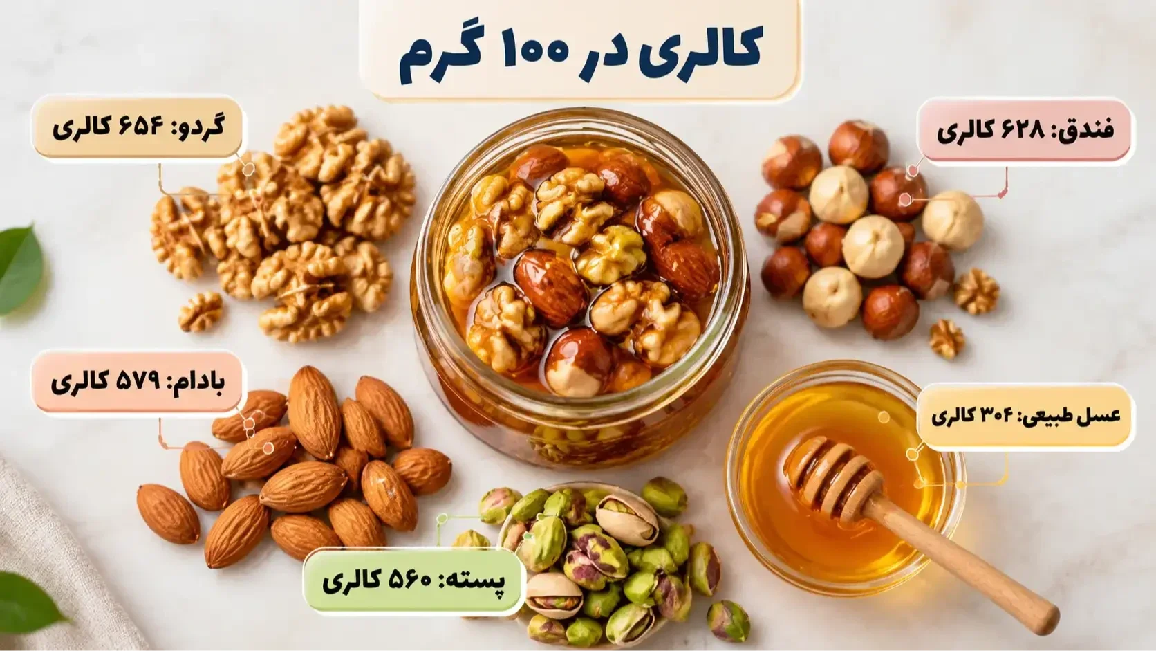 اینفوگرافیک مقایسه کالری ترکیبات معجون مغزیجات شامل گردو، فندق، بادام، پسته و عسل طبیعی در هر ۱۰۰ گرم