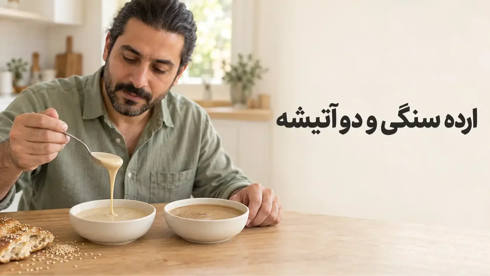 مرد در حال بررسی یک قاشق ارده کنار دو کاسه ارده با رنگ‌های متفاوت