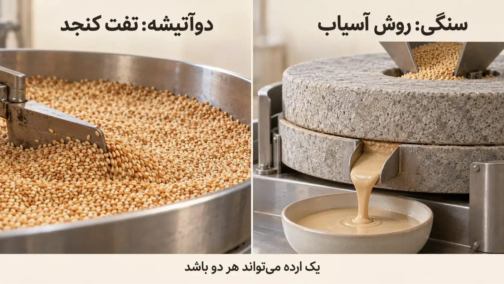 نمای آسیاب سنگی و تفت کنجد با توضیح اینکه یک ارده می‌تواند هر دو ویژگی را داشته باشد