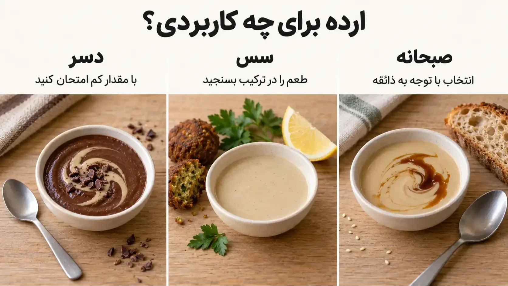 سه کاربرد ارده در صبحانه با شیره، سس کنار فلافل و دسر کاکائویی با توصیه به سنجیدن طعم