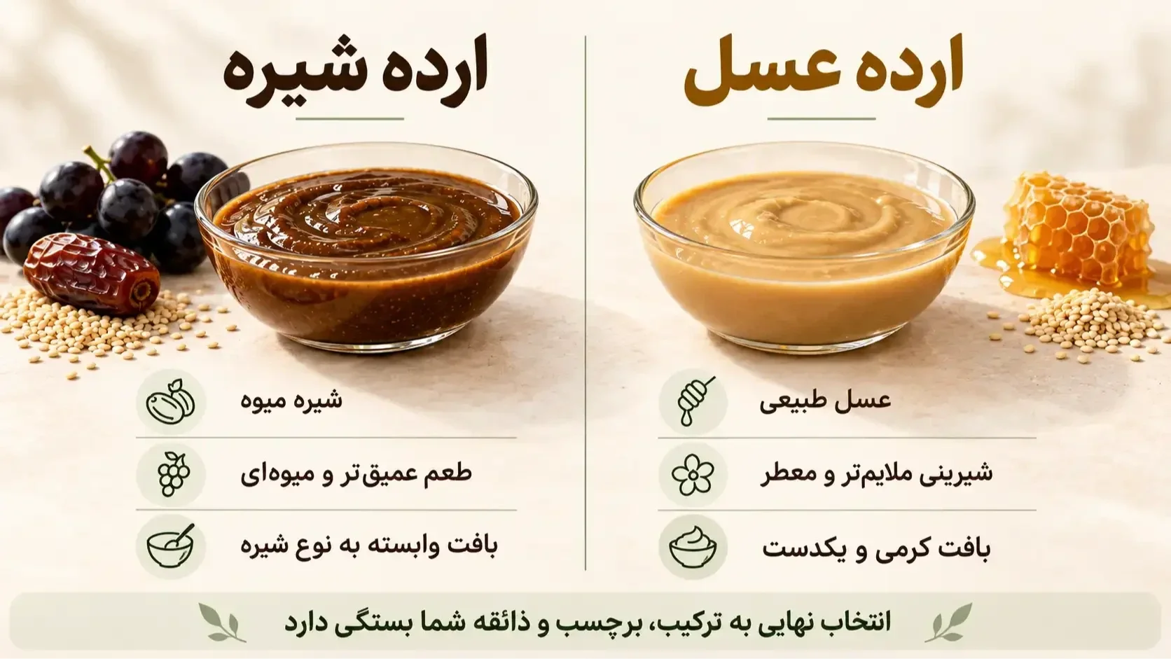 اینفوگرافیک مقایسه ترکیب، طعم و بافت ارده شیره و ارده عسل