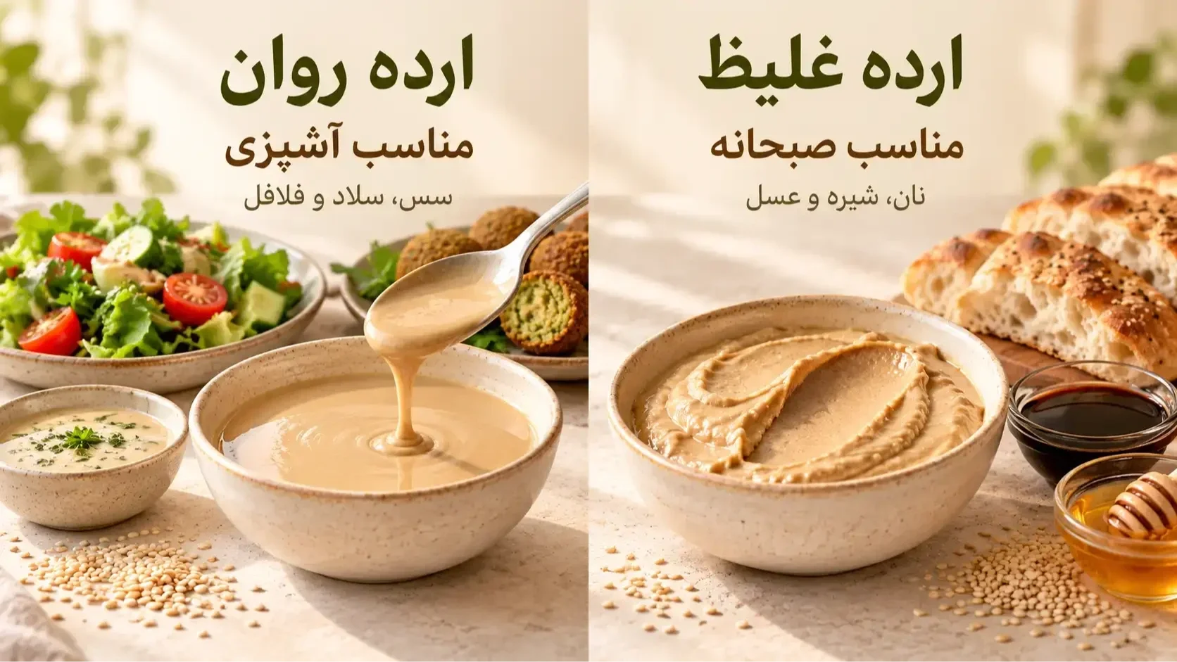 مقایسه کاربرد ارده غلیظ برای صبحانه و ارده روان برای آشپزی