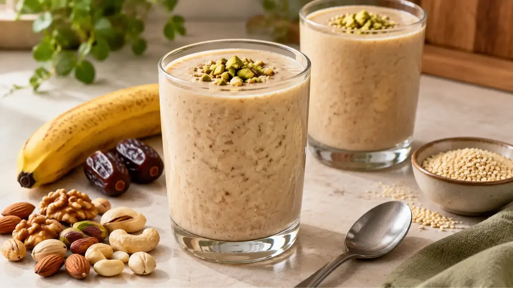 دو لیوان معجون هفت مغز با تزئین پسته در کنار مغزها، موز و خرما.